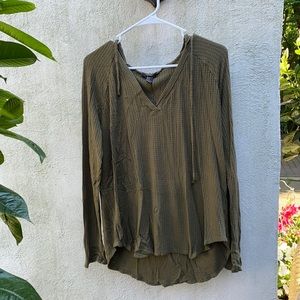 Waffle Knit V Neck Hooded Sweater Olive Army Green